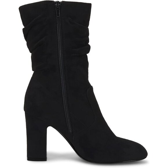 Women's Black Microfiber Mid Calf High Chunky Heel Block Rounded Toe Booties - Picture 5 of 6